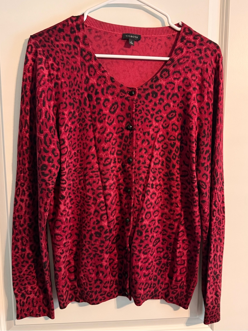 Talbots Red and Black Leopard Print Cardigan Sweater